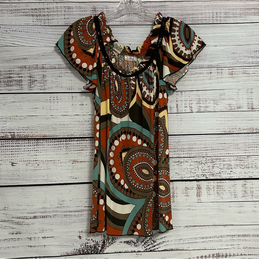 Vibrant Print Blouse with Ruffled Sequin Neckline